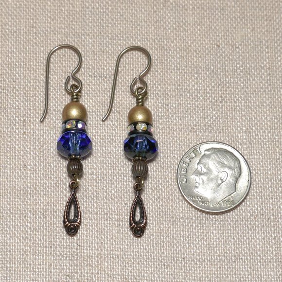 Hand Crafted Handmade Earrings Blue Czech Glass Earrings with Rhinestones - Picture 3 of 5